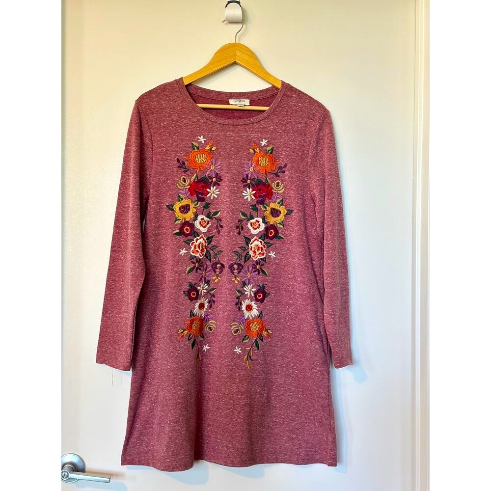UMGEE Women's Medium Floral Embroidered Berry Maroon Heathered Knit Mini Dress